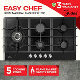 Midea 90cm Gas Glass Cooktop with 5 Burners Black